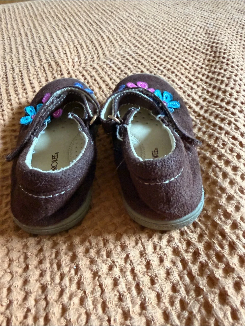 Cherokee Brown Mary Jane Shoes with Pink & Blue Flower Appliqués